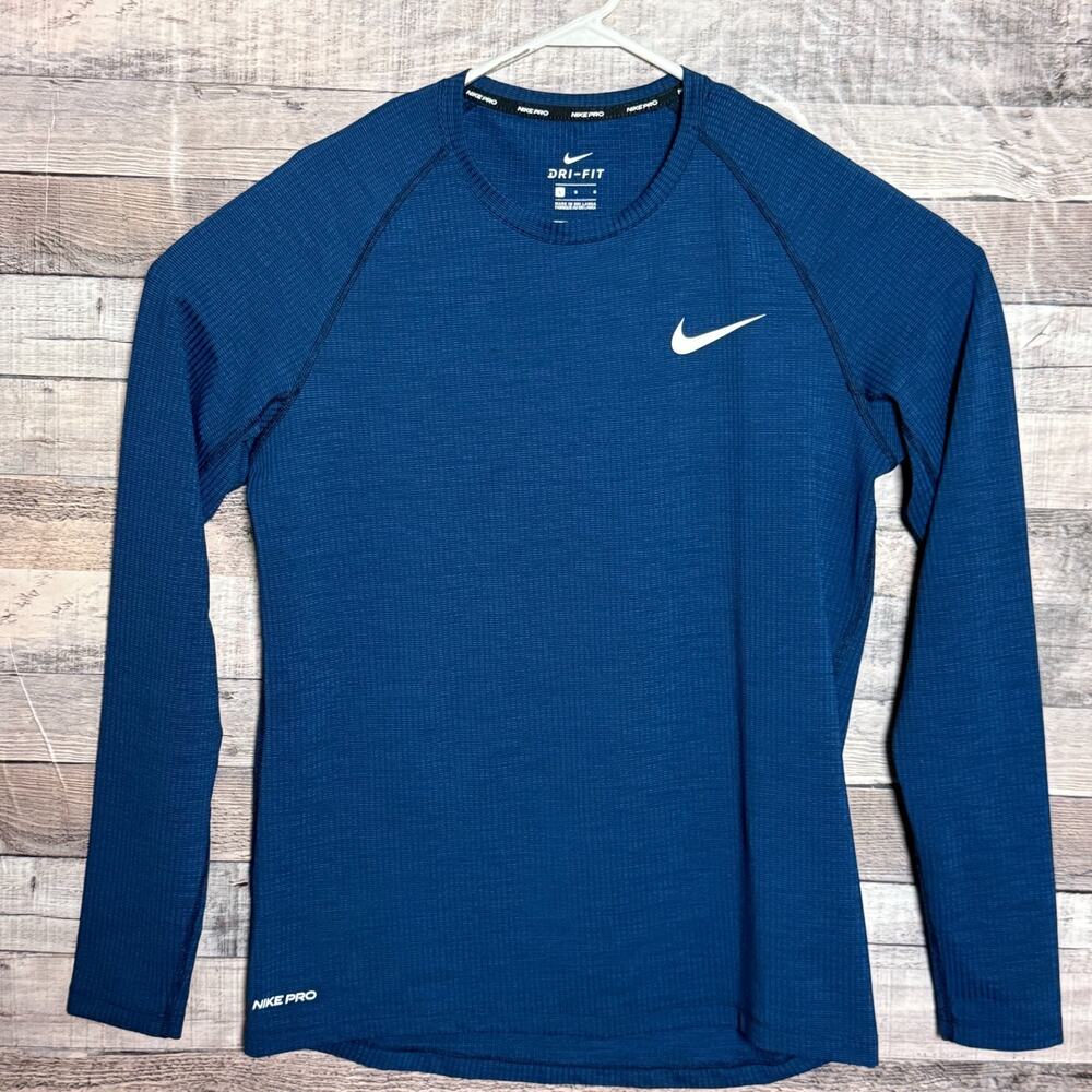 Nike Pro Dri Fit Training Shirt Mens Large Blue Ribbed Long Sleeve Gym